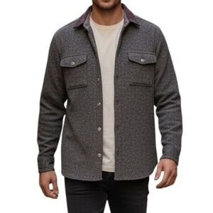 Heather Grey Heavyweight Knit Shirt Jacket Button Down Corduroy Collar